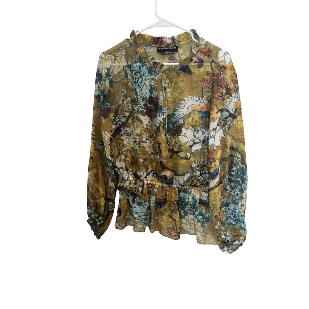 HEMANT & NANDITA Mustard Floral Tie-Neck Peplum Blouse with Teal Accents